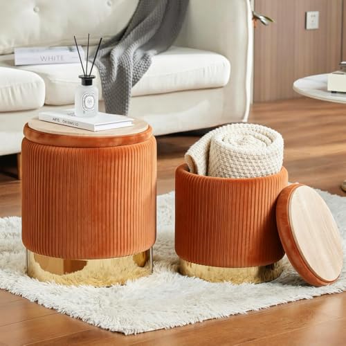 Orange Velvet Round Ottoman with Storage - Set of 2, 14.75 Inches Variation