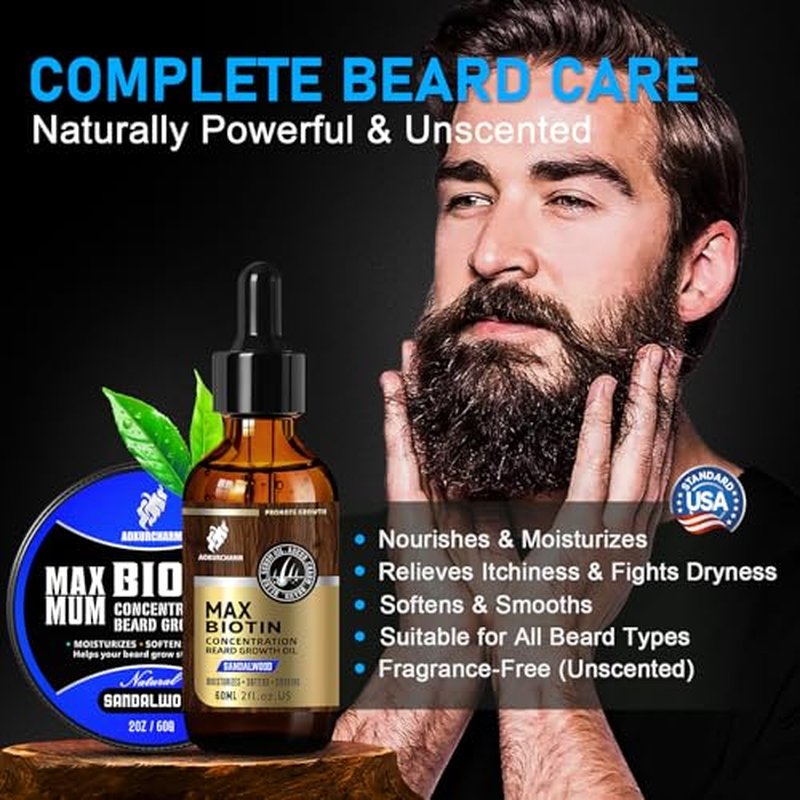 2 Pack Biotin Beard Growth Kit for Men ? Sandalwood Beard Oil & Balm ? Beard Care Set for Growth, Softening & Styling ? Gift for Father¡¯s Day & Christmas