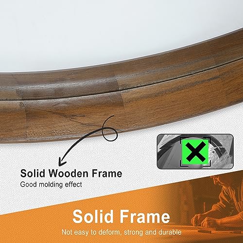 Brown 30 Inch Wall-Mounted Wooden Circle Mirror - Decorative Round Mirror for Living Room & Bathroom