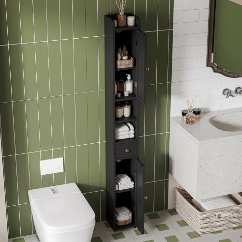 Narrow Bathroom Storage Cabinet with Adjustable Shelves & Drawer - Black
