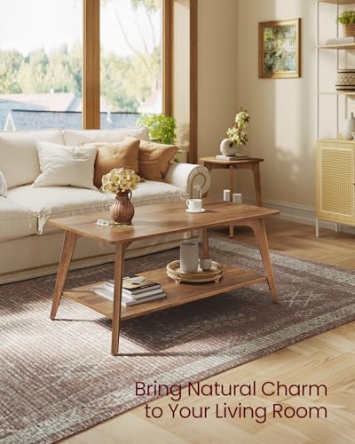 VASAGLE Honey Brown 2-Tier Coffee Table with Storage & Tapered Legs