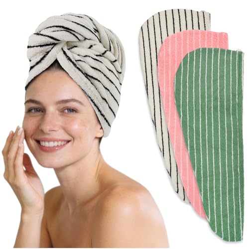 Cotton Hair Towel Wrap Set - 3 Colors / 3 Pack for Women, Fast Drying & Anti Frizz, 25x9.5 Inches - Black Pink Green
