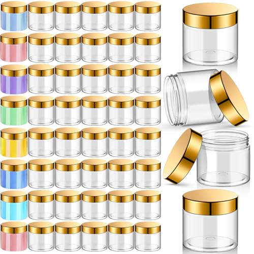 48 Pack 2 oz Clear Plastic Jars with Gold Lids - Refillable Storage Containers for Cosmetics, Spices, Crafts