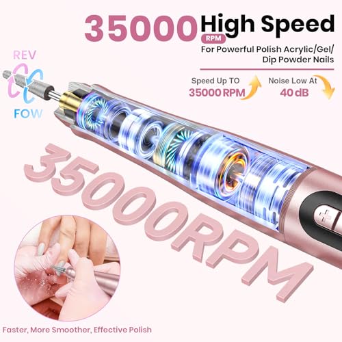 Cordless Nail Drill 35000RPM, Portable Electric Nail File for Acrylic Gel Nails, Professional Manicure Pedicure Kit, Rechargeable Pedicure Tools for feet with LCD Display, Low Noise Low Vibration