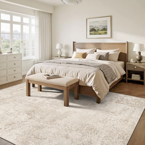Beige 8x10 Abstract Washable Area Rug for Living Room - Machine Washable, Soft & Stain-Resistant