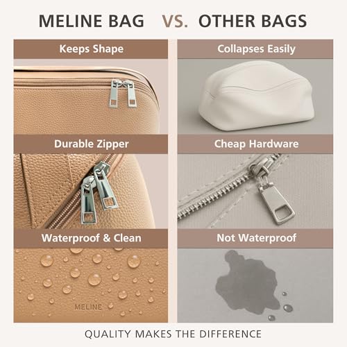 MELINE Travel Makeup Bag ? Large Capacity Cosmetic and Toiletry Organizer with Divider and Handle, Waterproof Flat-Open Design, Portable Pouch for Women (Taupe)