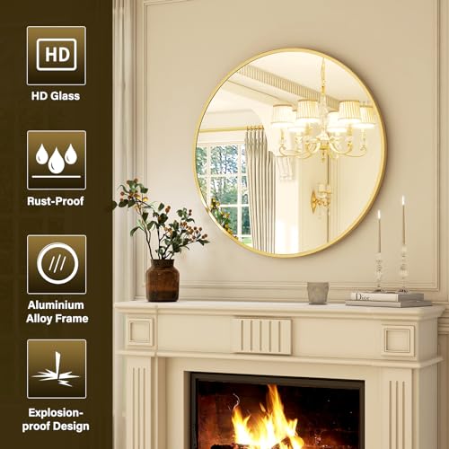 30 Inch Round Gold Mirror - Modern Circular Wall Mirror for Bathroom & Entryway - Variation: Round-Gold / 30"L x 30"W