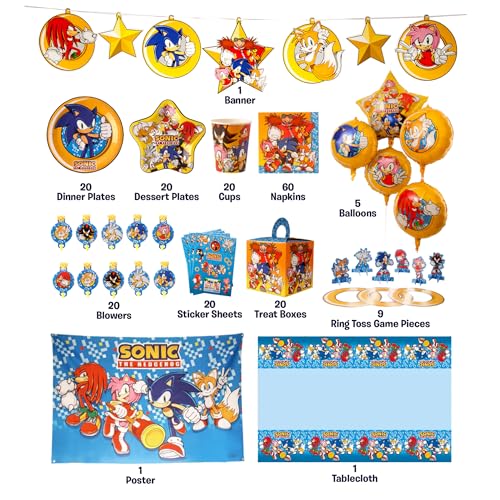 Sonic The Hedgehog Birthday Party Kit for 20 Kids - Decorations, Favors, Games