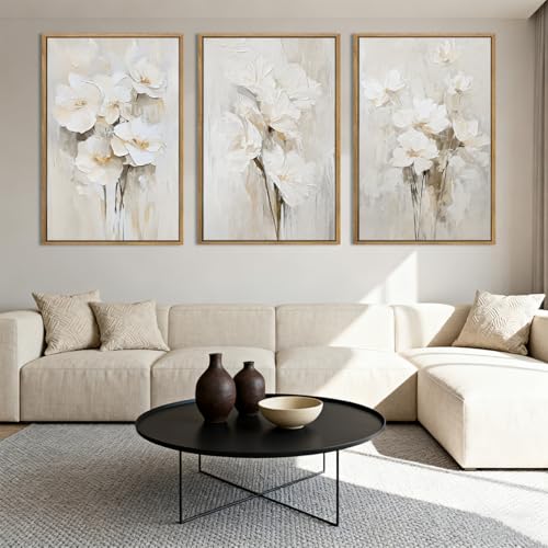 Neutral Floral Wall Art Set of 3 - 16x24 Inch Canvas Wall Decor for Living Room & Bedroom - Variation: 24L x 16W