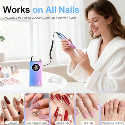 Melodly Rechargeable Electric Nail Drill Kit - Pro Blue Pink, 45000 RPM, Cordless Portable, Professional Nail File for Acrylic & Gel Nails