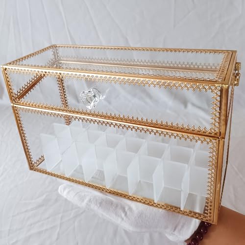 Glass Lipstick Organizer with Lid, 24 Slots Vintage Makeup Storage Box
