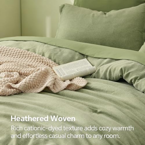 Queen Sage Green Comforter Set 7 Pieces - Linen Texture Bed in a Bag