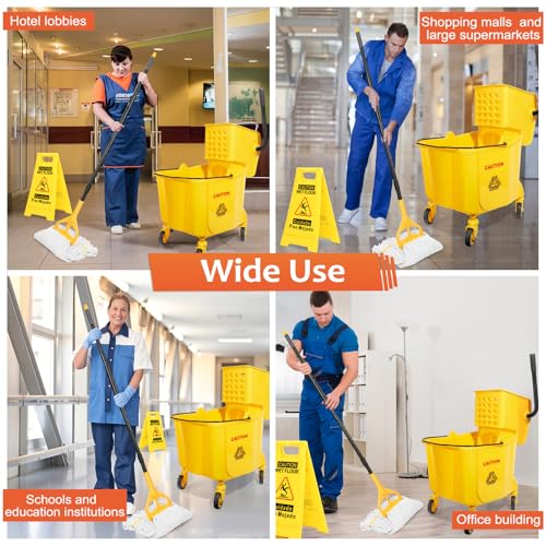 35 Qt Commercial Mop Bucket with Side-Press Wringer on Wheels & Wet Floor Sign