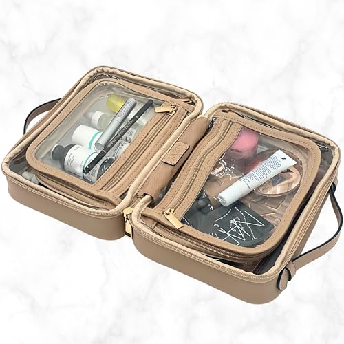 JAZD Beige Clear Makeup Bag - Large Capacity Travel Cosmetic Organizer TSA Approved