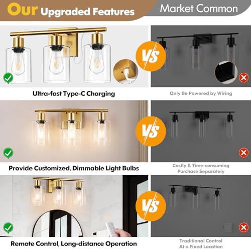 Brightever Gold Battery Operated 3-Light Dimmable Wireless Vanity Wall Sconce with Remote