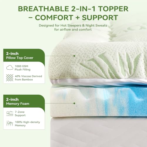 Queen Size BDEUS Dual Layer Memory Foam Mattress Topper with Cooling Gel, White