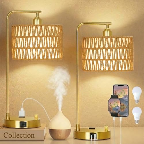 Gold Boho Lamps Set of 2 with USB Charging Ports & AC Outlet - Dimmable Table Lamps