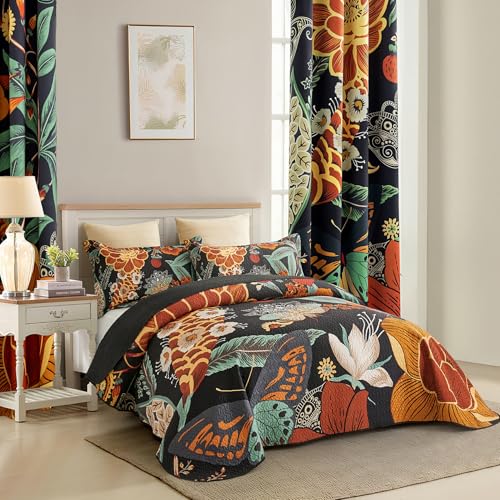 Mocha Noir 3-Piece Boho Floral Butterfly King Quilt Bedding Set