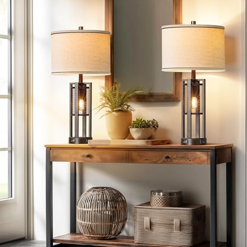 PARTPHONER 28'' Set of 2 Farmhouse Industrial Nightstand Lamps with USB Ports - Bronze