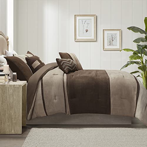 Madison Park Queen Faux Suede Comforter Set 7pcs - Brown & Pieced Design