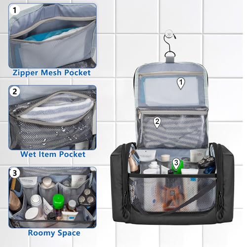 Hanging Toiletry Bag for Men, Tactical Dopp Kit Toiletry Travel Bag, Large Hygiene Organizer Shower Bag for Camping Outdoor, Black