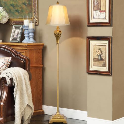 Vintage Floor Lamp with Cream Faux Silk Shade - Tall Standing Brass & Resin Design, 63.8in, Cream & Brass Variation