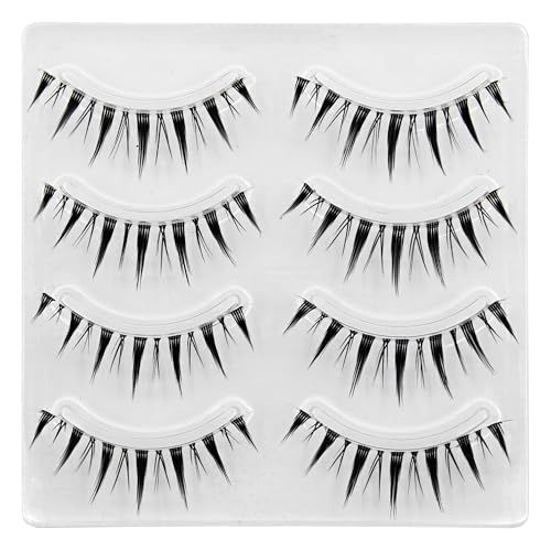 MIKIWI Manga Lashes Natural Look Japanese Style False Eyelashes 4 Pairs Spiky Anime Lashes Clear Band Cosplay Eyelashes