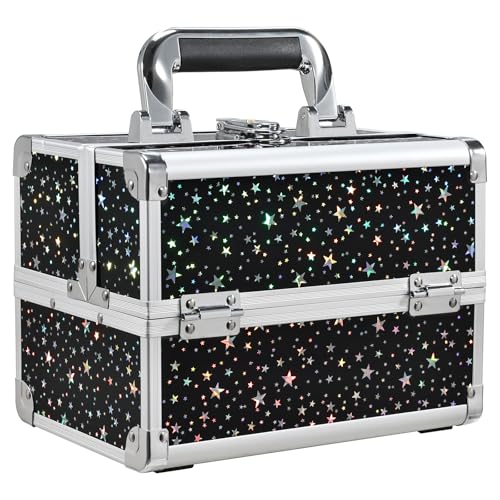 Black Star Makeup Case Organizer with Mirror - Portable Lockable Train Case