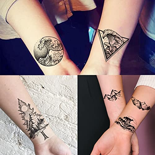 52 Sheets Small Black Mountain Temporary Tattoos For Men Women Adult, Geometric Sea Weave Forest Pine Tree Realistic Tattoo Sticker For Kids Children, Moon Sun Star Triangle Tatoos Outer Space