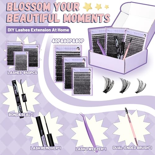 DIY Lash Extension Kit 840Pcs 10-18mm D Curl Lashes Clusters with Lash Bond&Seal Lash Remover Tweezers Double-Ended Brush Easy to Use for Beginners