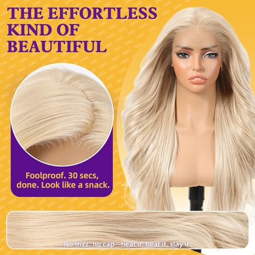 Dofami Lumi Blonde 13x4 Synthetic Lace Front Wig with Middle Part - Blonde #R10119, 26 Inch, Glueless, Natural Look