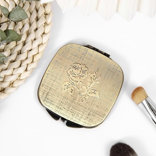 Travel Small Compact 1X/2X Mirror - Handheld, Foldable, Lightweight - Mini Pocket Magnifier for Wallet - Square 3.0 inches x 2.8 inches (Ancient Bronze)
