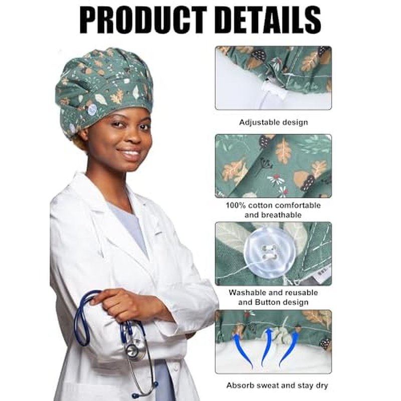 6 Pcs Satin Lined Scrub Caps Women Nurse Surgical Hat with Buttons Ponytail Working Adjustable Pouch Tie Back(Classic Style)