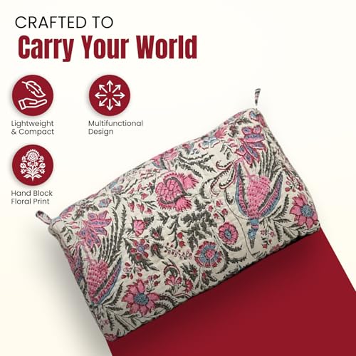 Set of 3 Cotton Floral Print Toiletry Bags for Women Travel Makeup Organizer - Off White