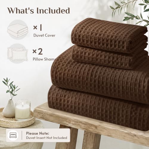Queen Size Waffle Wave Duvet Cover Set with Pillow Shams - Dark Brown, 3-Piece, OEKO-TEX Certified