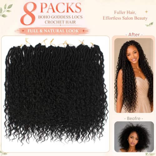 Vynoro 18 in 1 Boho Goddess Locs Crochet Hair Nat&Silk Fiber Pre-Looped 8 Bundles