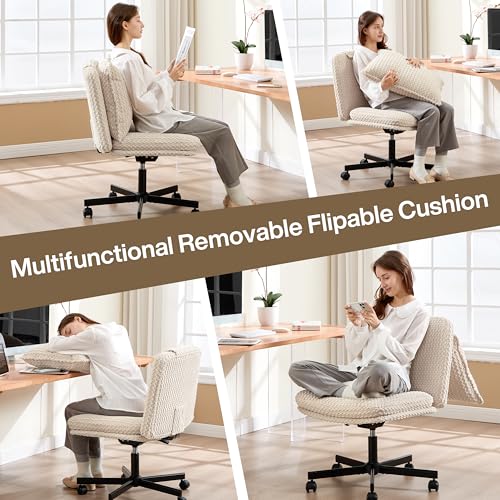 Fizzin Beige Cross Cross Chair with Memory Foam Cushions & Wheels, Armless Home Office Seating