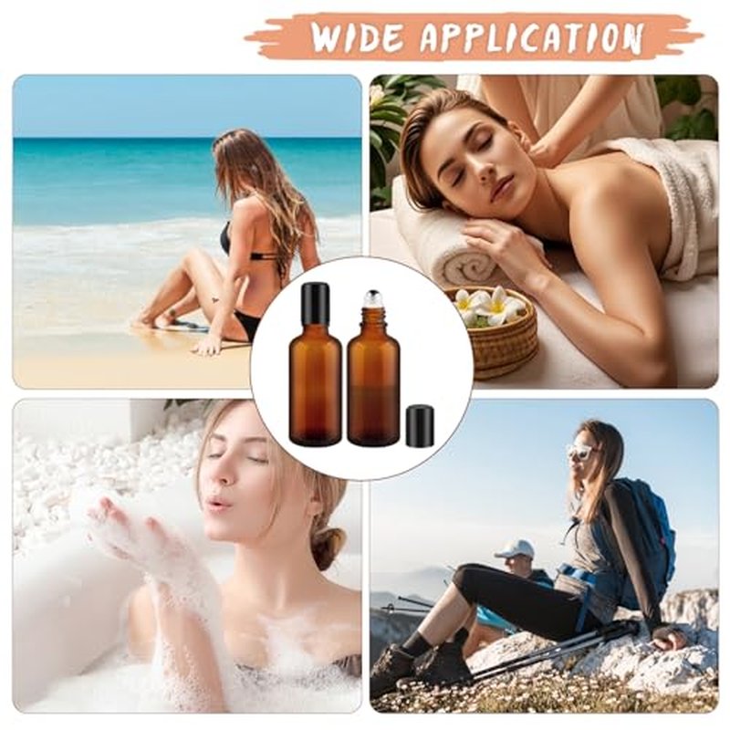 12 Pcs 50ml/1.7oz Amber Glass Essential Oil Bottles with Stainless Steel Roller Ball Refillable Roll-on Bottles Leak-proof Containers for Lotion Deodorant Massage Oil Perfume