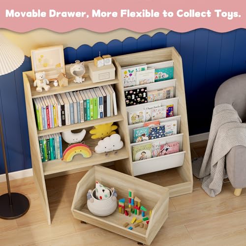COZPAW Kids Bookshelf & Toy Storage Medium Oak 4-Tier Toddler Organizer