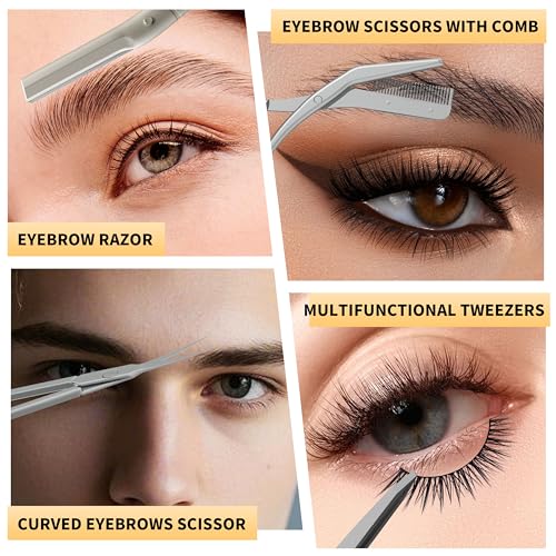 Tweezers for Women Facial Hair, 4 in 1 Eyebrow Kit with Tweezers, Eyebrow Trimmer Scissors, Razor, Style Leather Travel Case, Hair Plucking Daily Beauty Tools