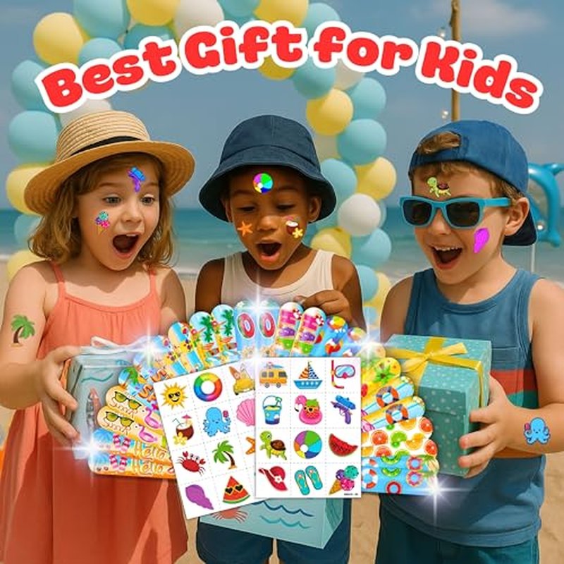 48PCS Beach Party Favors ? 24PCS Temporary Pre - cut Tattoos & 24PCS Slap Bracelets ? Summer & Ocean-Themed Birthday Supplies, Baby Shower Gifts, Classroom Rewards & Party Decor for Kids