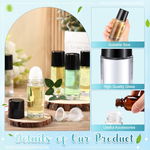 Sumind 24 Essential Oil Roller Bottles Glass Deodorant Bottle Roller Ball Container Empty Refillable Rollerball Bottle with Plastic Balls, Funnel and Sticker(30 ml,Clear)