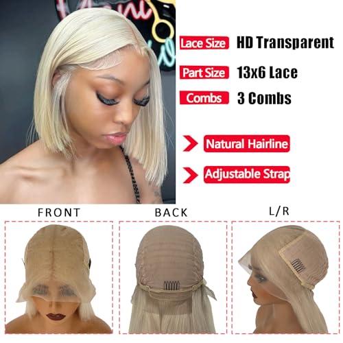 12 Inch Platinum Blonde Bob Lace Front Wig - 13x4 HD Transparent Frontal, Glueless Human Hair Short Bob for Women
