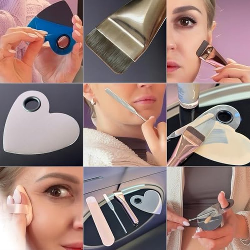 Makeup Brush Set - Flat Foundation Brush, Blender Sponge, Face Spatula, Puff & Heart-Shaped Mixing Palette with Leather Case ? Complete Face Makeup Tool Kit for Blending, Foundation & Application