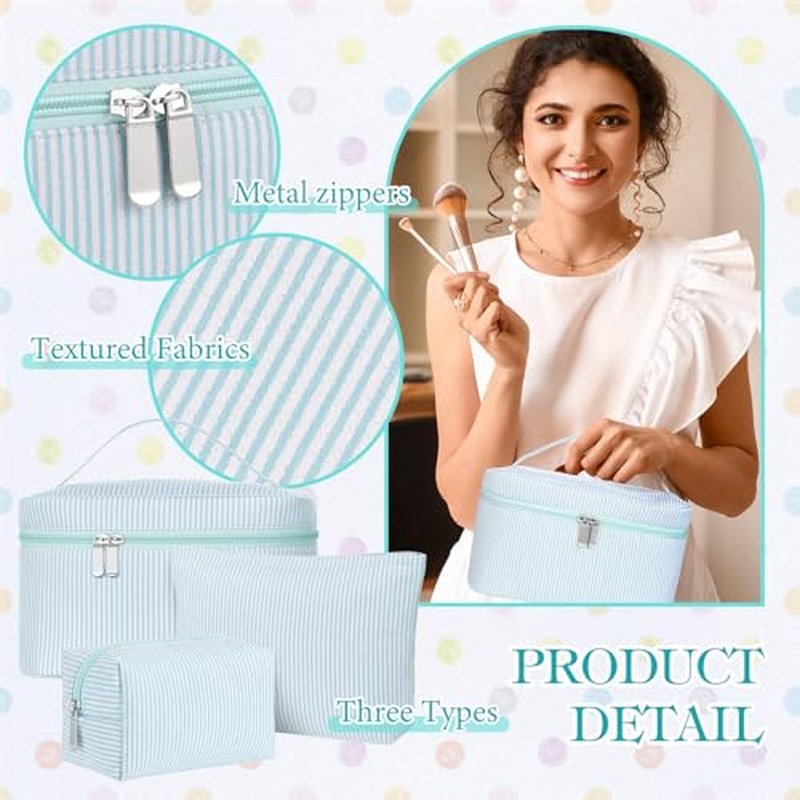 3 Pieces Makeup Bag Set for Women Cute Seersucker Cosmetic Pouch Travel Toiletry Bag Preppy Small Makeup Purse Pouch Aesthetic Skincare Brushes Storage Organizer for Women(Light Blue)