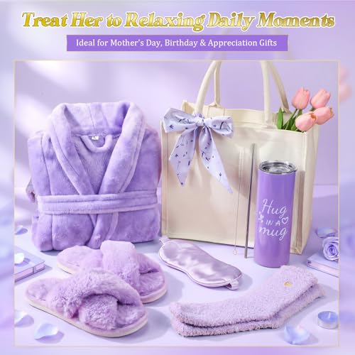 Patelai Purple Spa Robe and Slippers Gift Set for Women - Self Care Gift Basket