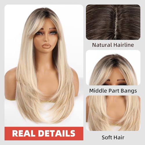 Allbell Ombre Blonde Long Straight Layered Wig 24 Inch Natural Look Synthetic Heat-Resistant for Women - Middle Part