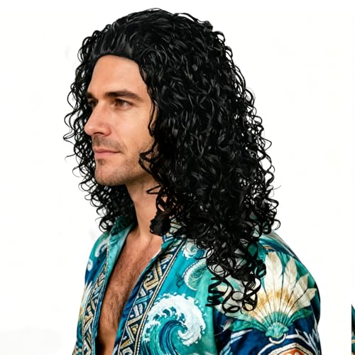 Mens Black Curly Shoulder Length Wig - Fluffy Realistic Cosplay Hair