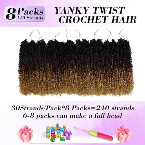 Yanky Twist Crochet Hair 8 Inch 8 Packs 30 Strands Each Pre-Looped Fluffy Passion Twist Ombre Brown Synthetic Braiding Hair