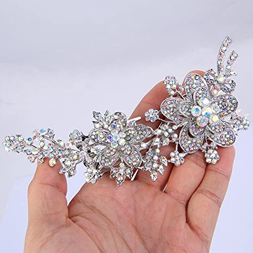 Iridescent Clear AB Flower Leaf Bowknot Hair Comb - Silver-Tone, 6 Inch